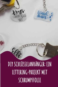 DIY Schlüsselanhänger mit Handlettering und Schrumpffolie, mehrere Designs.