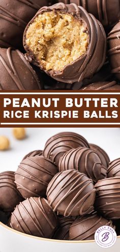 peanut butter rice krispie balls in a white bowl with the title overlay above it