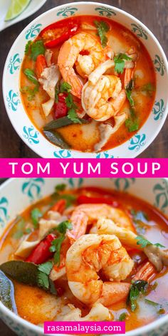 two bowls of tom yum soup with shrimp and vegetables