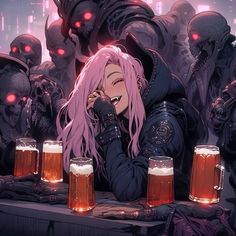 a woman with pink hair sitting at a table in front of mugs of beer