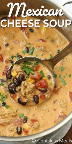 mexican cheese soup in a pot with a spoon