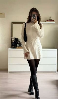 Thanksgiving Outfit Elegant, Thanksgiving Outfit With White Boots, Knitted One Piece Dress, Christmas Outfits Ideas For Women, White Knitted Dress Outfit, Thanksgiving Outfit With Boots, Soft Elegant Aesthetic Outfit, Classy But Edgy Outfits, Business Casual Outfits Winter Women