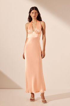 La Lune Plunged Halter Midi Dress | Peach | Dresses | Shona Joy Peach Pink Dress, Peach Dresses, Peach Color Dress, Dress Deep V Neck, Plunge Midi Dress, Peach Party, Dress Peach, Peach Dress, Shona Joy