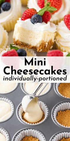 mini cheesecakes in muffin tins topped with whipped cream and fresh berries