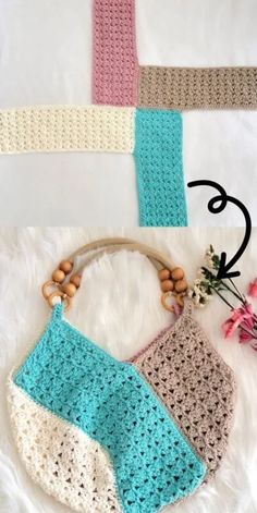 three crocheted bags sitting on top of a white blanket next to a flower