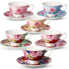 six tea cups and saucers with flowers on them