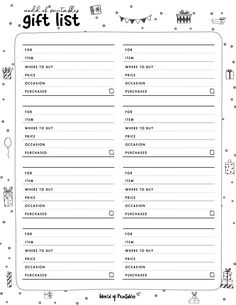 a printable holiday gift list with the words, christmas gifts and decorations on it