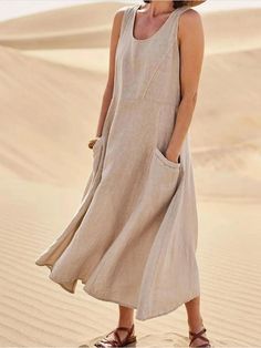 Mid-Calf Cotton Linen Sundress Nature Colour Palette, 2022 Summer Fashion, Long Shirt Women, Sleeveless Cotton Dress, Cotton Linen Dresses, Dress For Summer, Ladies Dresses, Vestidos Vintage, Straight Dress