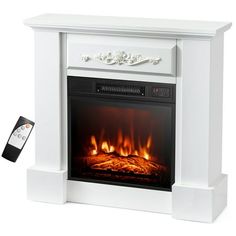 an electric fireplace with a remote control