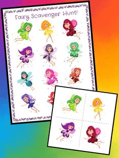 the fairy scavenger hunt game is shown on a rainbow background