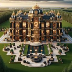 an elaborately designed building in the middle of a green field