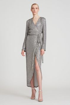 The Falan cocktail dress perfectly captures Halston's iconic ultra-glam feel in its wrap silhouette covered in glistening silver sequins. Halston Dress, Long Sleeve Wrap Dress, Midi Wrap Dress, Sequin Cocktail Dress, Long Sleeve Sequin, Necklines For Dresses, Maxi Gowns, Nordstrom Dresses, Dresses Online