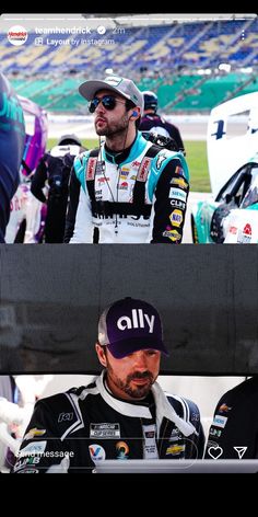 two men in racing gear sitting next to each other on a tv screen with the caption