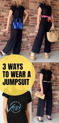 Are you planning a getaway this summer? Perhaps you have a wedding or reunion to attend. Do you want to pack light? Then bring along a basic black jumpsuit (LBJ)! Here are three very different ways to wear a black jumpsuit. #fashion #over40 #outfit #jumpsuit #travel How To Wear A Romper, How To Wear Black Jumpsuit Outfit Ideas, Black Jumpsuit Outfit Summer, How To Style Black Jumpsuit, Styling A Black Jumpsuit, How To Style A Black Jumpsuit, What To Wear Over A Jumpsuit, Black Jumpsuit Outfit Ideas, Elegant Evening Jumpsuits