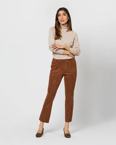 Faye Flare Cropped Seamed Pant in Cognac Vegan Suede | Shop Ann Mashburn Ann Mashburn, Buckled Heels, Calf Hair, Pair Of Pants, Free Bag, Leather Fashion, Scream, Ankle Length, Cognac