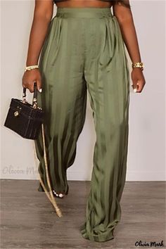 Olivia Mark - Eco-Friendly Fashionable Striped Classic Regular High Waist Pants High Waist Trousers, Trouser Outfits, High Waist Wide Leg Pants, Satin Pants, Pleated Maxi Skirt, Casual Stripes, Elastic Waist Pants, Casual Trousers, High Waisted Trousers