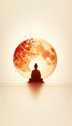 a buddha statue sitting in front of a full moon with red leaves floating on it