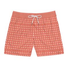 Hit the beach in these custom men's swim trunks. Whether headed to the beach or hanging around the pool, these are the essential swim shorts for summer.  Made with 95% polyester and 5% spandex, it's the perfect blend for swimming and relaxing. These mid-length shorts are lightweight, come with an inner mesh brief and a relaxed fit, because sunny days at the coast are all about lounging. Along with the choice between black or white drawstrings, these shorts also come with two side pockets for added practicality.  A perfect gift for him this Father's Day or for your teenage boys! .: Material: 95% polyester, 5% spandex .: Black or white drawstrings .: Inner mesh brief .: Two side pockets .: Seam thread color automatically matched to design (black or white) Orange Swim Trunks With Built-in Shorts For Beach, Printed Swim Trunks For Poolside Vacation, Vacation Swim Trunks Printed For Poolside, Printed Swim Trunks For Poolside Beachwear, White Swim Trunks For Warm Weather Swimming, White Swim Trunks For Swimming In Warm Weather, White Swim Trunks For Warm Weather, Poolside Swim Trunks For Warm Weather, Printed Swim Trunks For Beach