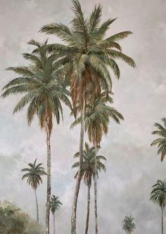 a painting of palm trees in front of a gray sky with white clouds above it