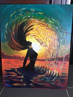 a painting of a person sitting on top of a wave