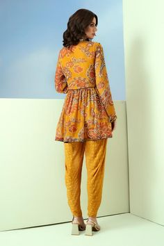 Yellow peplum jacket featuring floral and paisley prints with sequins hand embroidery. Paired with a dobby georgette dhoti pant and padded bustier., Fit: Relaxed Georgette Jacket, Dhoti Pants, Peplum Jacket, Women Kurta, Pant Set, Yellow Floral, Set For Women, Aza Fashion, Fashion Set