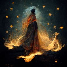 a painting of a woman standing in front of stars