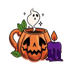 a pumpkin mug with a candle in it and a ghost sitting on top of it