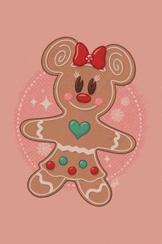 a gingerbread teddy bear with a bow on its head is standing in front of a pink background