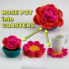 crochet rose pot holder and coasters with coffee cup in the bottom right hand corner