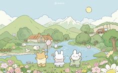 some cartoon characters are standing in the grass by a lake and flowers with mountains behind them