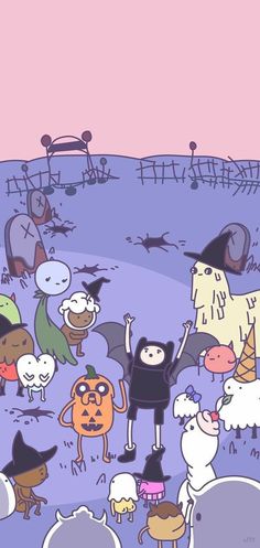 an image of a group of cartoon characters in the middle of a field with pumpkins