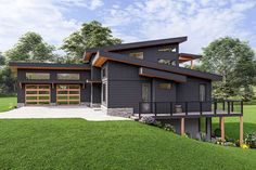 this is an artist's rendering of a modern house plan with two garages