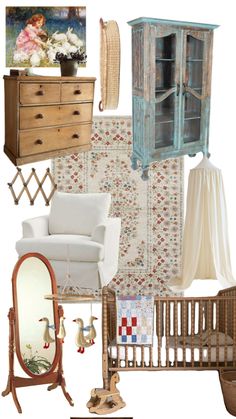 a baby's room is shown with furniture and accessories in it, including a crib