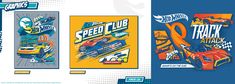 three racing banners with cars on them and the words speed club next to each other