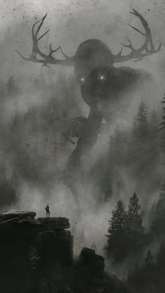 a man standing on top of a cliff next to a giant creature in the fog