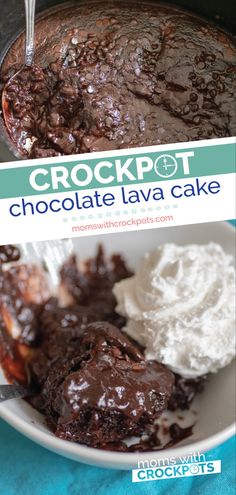 crockpot chocolate lava cake in a bowl with whipped cream on top and spoon