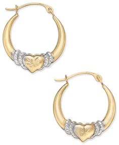 Love is in the air with these adorable heart hoop earrings created in 10k gold with gleaming rhodium-plated accents. Approximate diameter: 5/8". Hoop Earrings With Diamonds, Heart Hoop Earrings, Diamond Hoop Earrings, Love Is In The Air, Mens Gift Sets, Fine Jewellery Earrings, Gold Heart, Baby Clothes Shops, Silver Diamonds