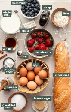 the ingredients to make this bread include eggs, strawberries, blueberries and flour