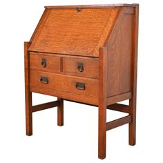 a wooden desk with two drawers on one side and an open drawer on the other