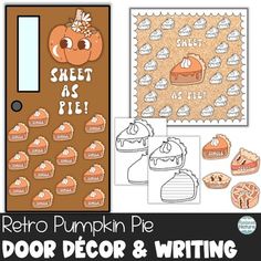 the retro pumpkin pie door decor and writing paper set is shown in three different colors