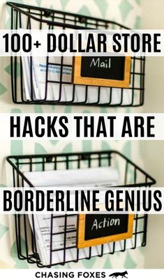 two metal baskets with labels on them and the words, dollar store hacks that are borderline genius