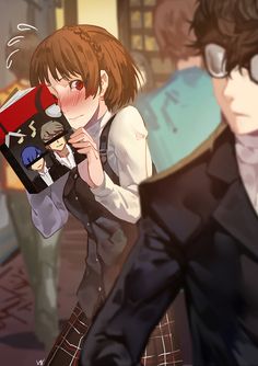 two anime characters standing next to each other in front of a man holding a book