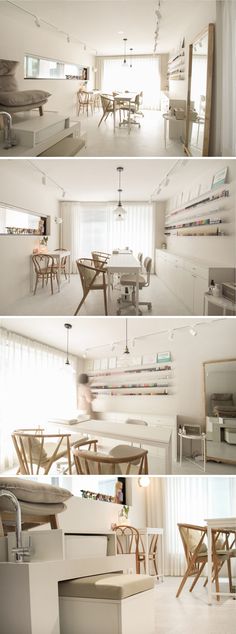 four different views of a kitchen and dining room with white walls, flooring and furniture