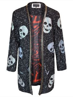 Womens black unfastened knit cardigan with skulls from stones and big chain. Ermanno Scervino, John Galliano, Philipp Plein, Emilio Pucci, Donna Karan, Black Cardigan, Women's Casual, Summer Casual, Knit Cardigan