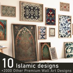 an assortment of islamic designs displayed on a wall with text overlay that reads, 10 islamic designs + 2000 other premium wall art designs