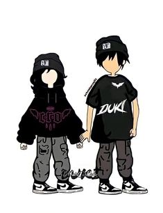 two young men standing next to each other wearing black and white shirts with the word doki on them