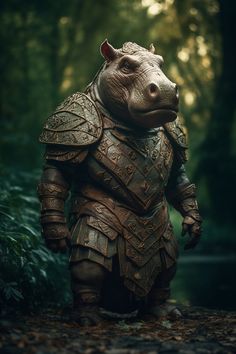 a statue of a rhino in armor standing on a forest floor with trees behind it