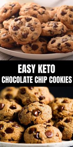 chocolate chip cookies on a plate with the words easy keto chocolate chip cookies