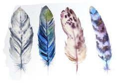 four different colored feathers sitting on top of a white surface with watercolor paint over it