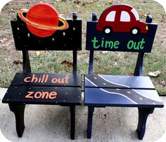 two chairs made to look like they are sitting in the grass with signs that say time out and chill out zone